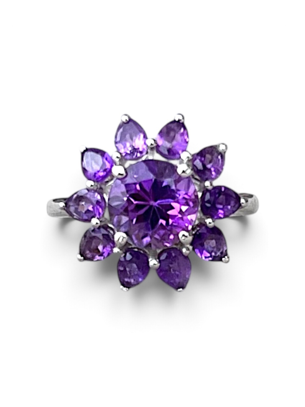 Sterling Silver Purple Amethyst Floral Cluster Ring Size 7
